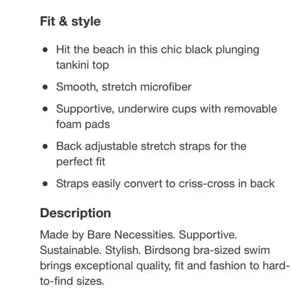 Bare Necessities Birdsong New Plus Size 22 Underwire Tankini Swimsuit Top Black - Picture 12 of 12
